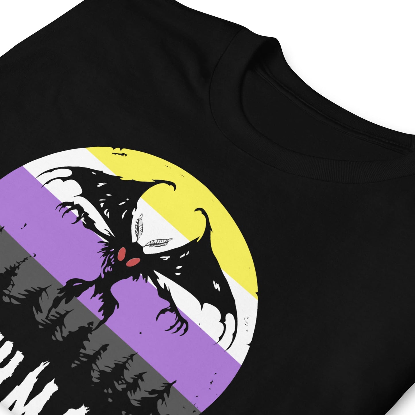 Black t-shirt with a graphic design of mothman on an enby moon on a white background: Nonbinary Mothman Shirt, Enby Pride Cryptid Folklore T-Shirt, Queer Mythology Legend Cryptozoology Tee, Cryptidcore Weirdcore Gift For LGBT