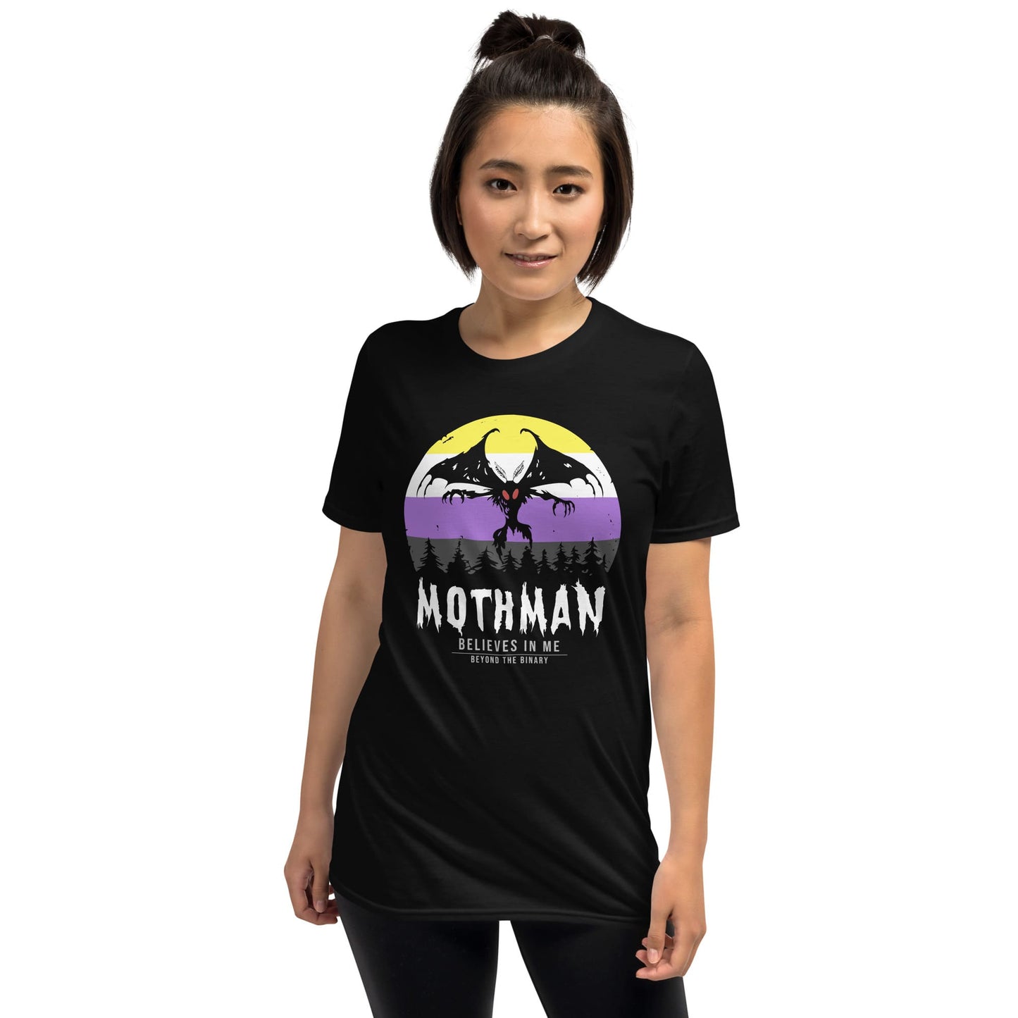 Person wearing a black t-shirt with Mothman graphic design on a white background: Nonbinary Mothman Shirt, Enby Pride Cryptid Folklore T-Shirt, Queer Mythology Legend Cryptozoology Tee, Cryptidcore Weirdcore Gift For LGBT