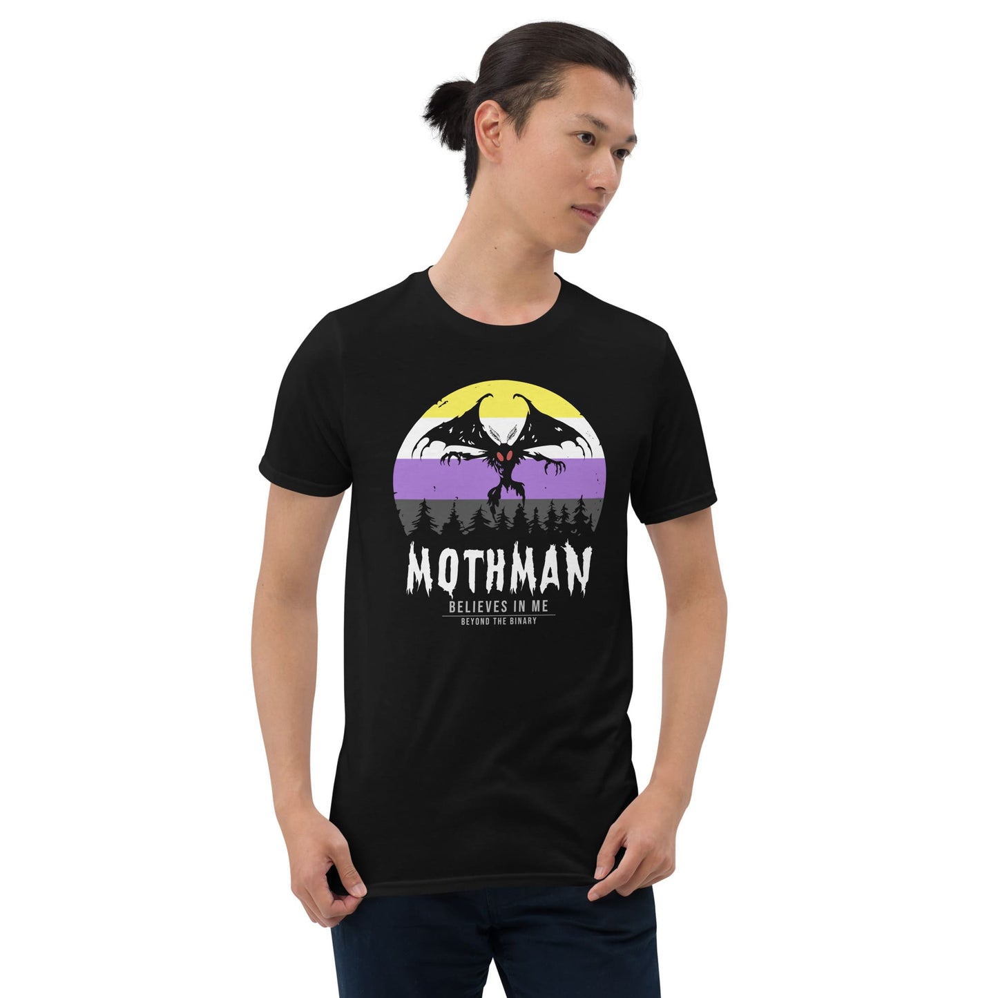 Person wearing a black t-shirt with Mothman graphic design on a white background: Nonbinary Mothman Shirt, Enby Pride Cryptid Folklore T-Shirt, Queer Mythology Legend Cryptozoology Tee, Cryptidcore Weirdcore Gift For LGBT