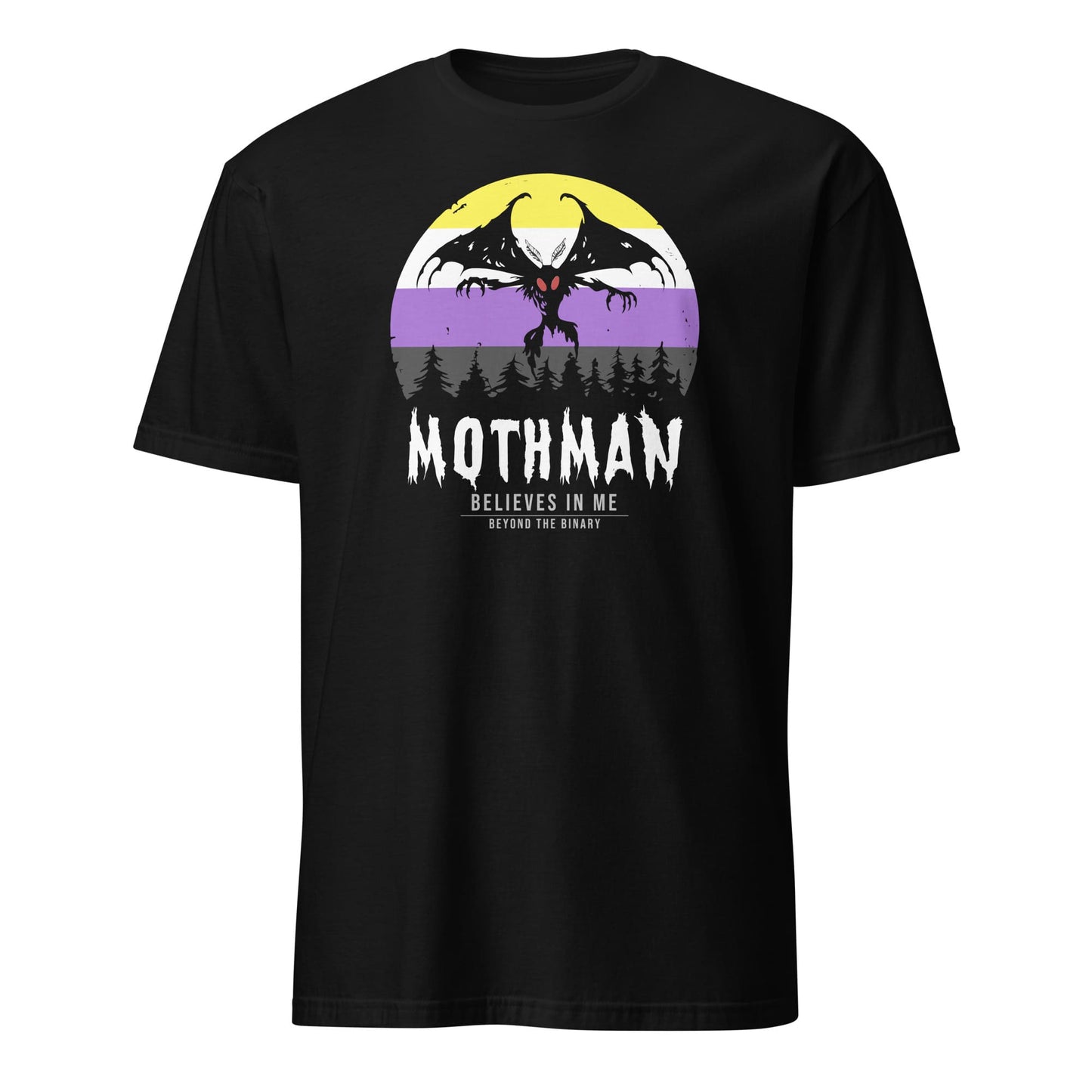 Black t-shirt with Mothman graphic and text on a white background: Nonbinary Mothman Shirt, Enby Pride Cryptid Folklore T-Shirt, Queer Mythology Legend Cryptozoology Tee, Cryptidcore Weirdcore Gift For LGBT