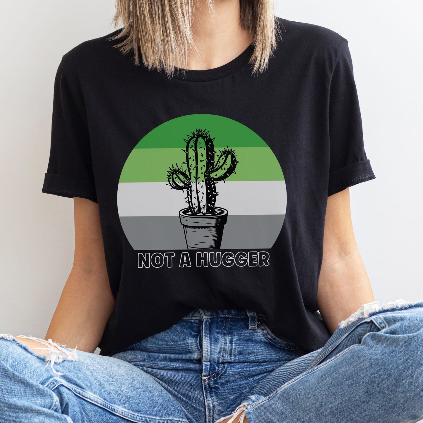 woman wearing aro pride shirt