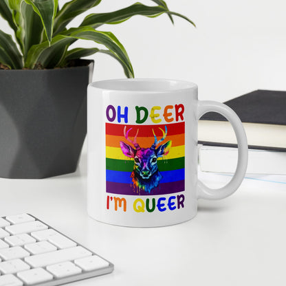 queer mug, funny rainbow deer coffee or tea cup on desk