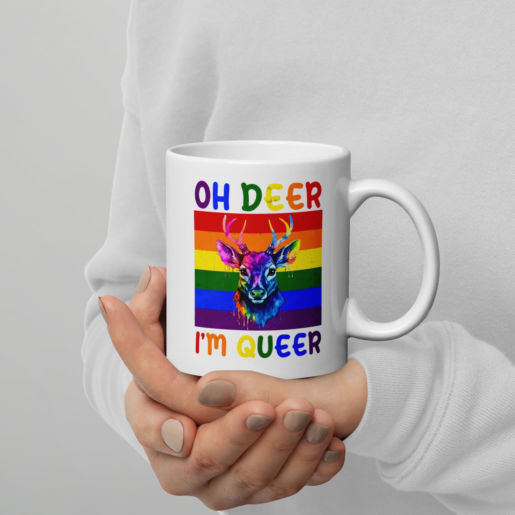 queer mug, funny rainbow deer coffee or tea cup zoom