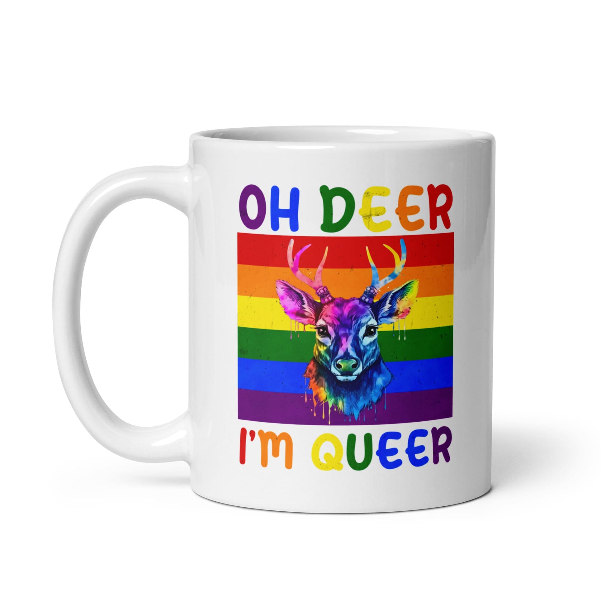 queer mug, funny rainbow deer coffee or tea cup left
