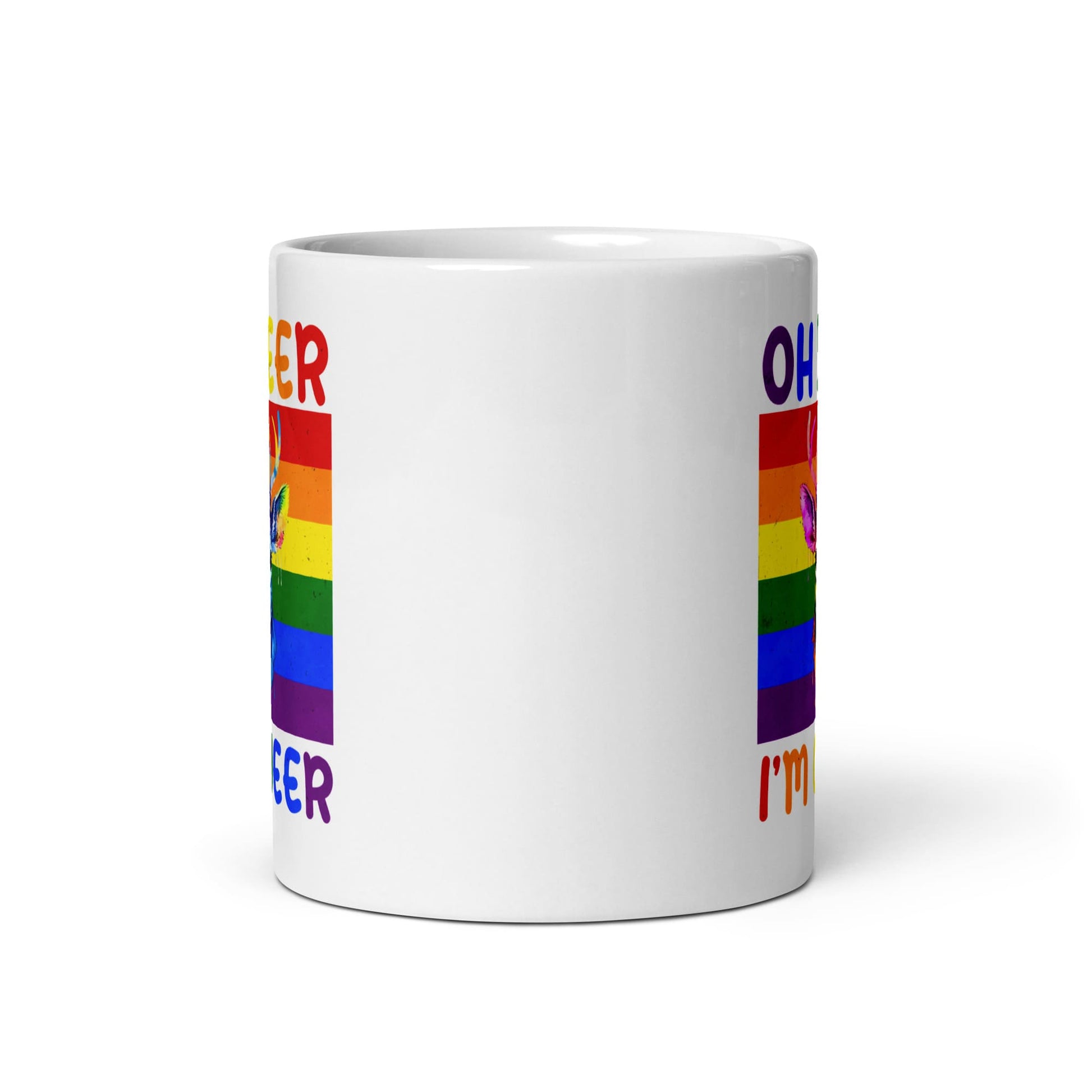 queer mug, funny rainbow deer coffee or tea cup middle