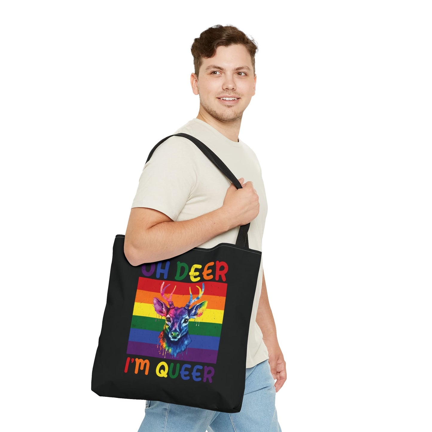 queer tote bag, funny rainbow deer bag, large