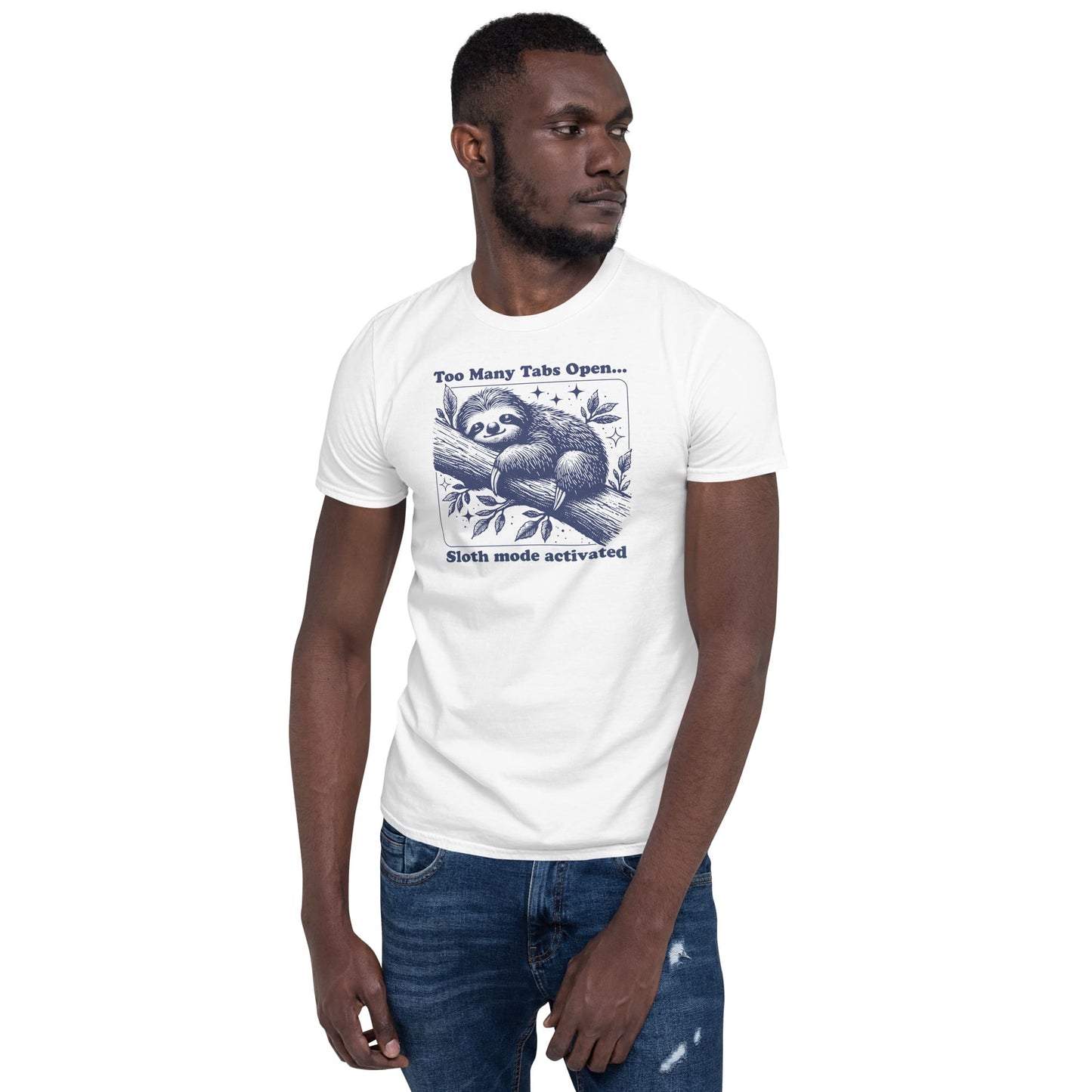 Man wearing a white t-shirt with a sloth graphic and text on a white background: Overstimulated Sloth Shirt, Too Many Tabs Open, Mental Health Awereness TShirt, Social Anxiety Sarcastic Neurospicy Gift, Neurodivergent Tee