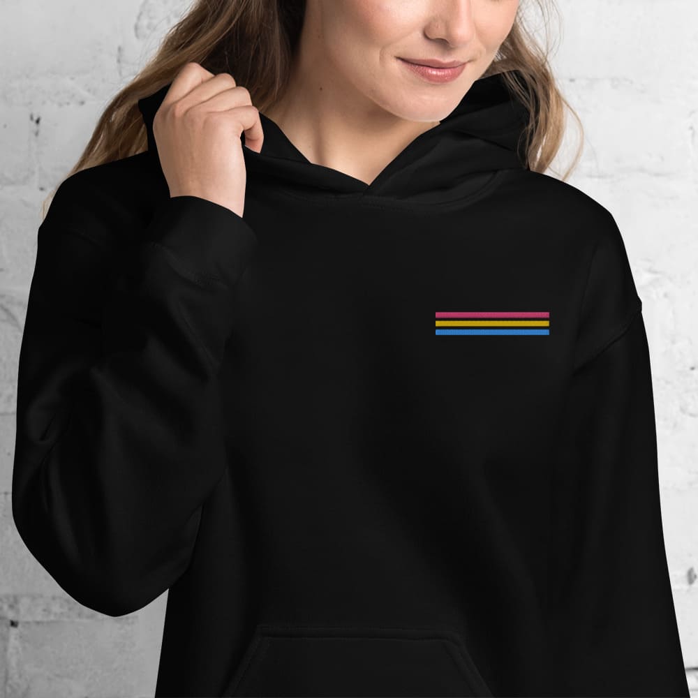 pansexual hoodie, subtle pan pride flag embroidered pocket design hooded sweatshirt, model 1