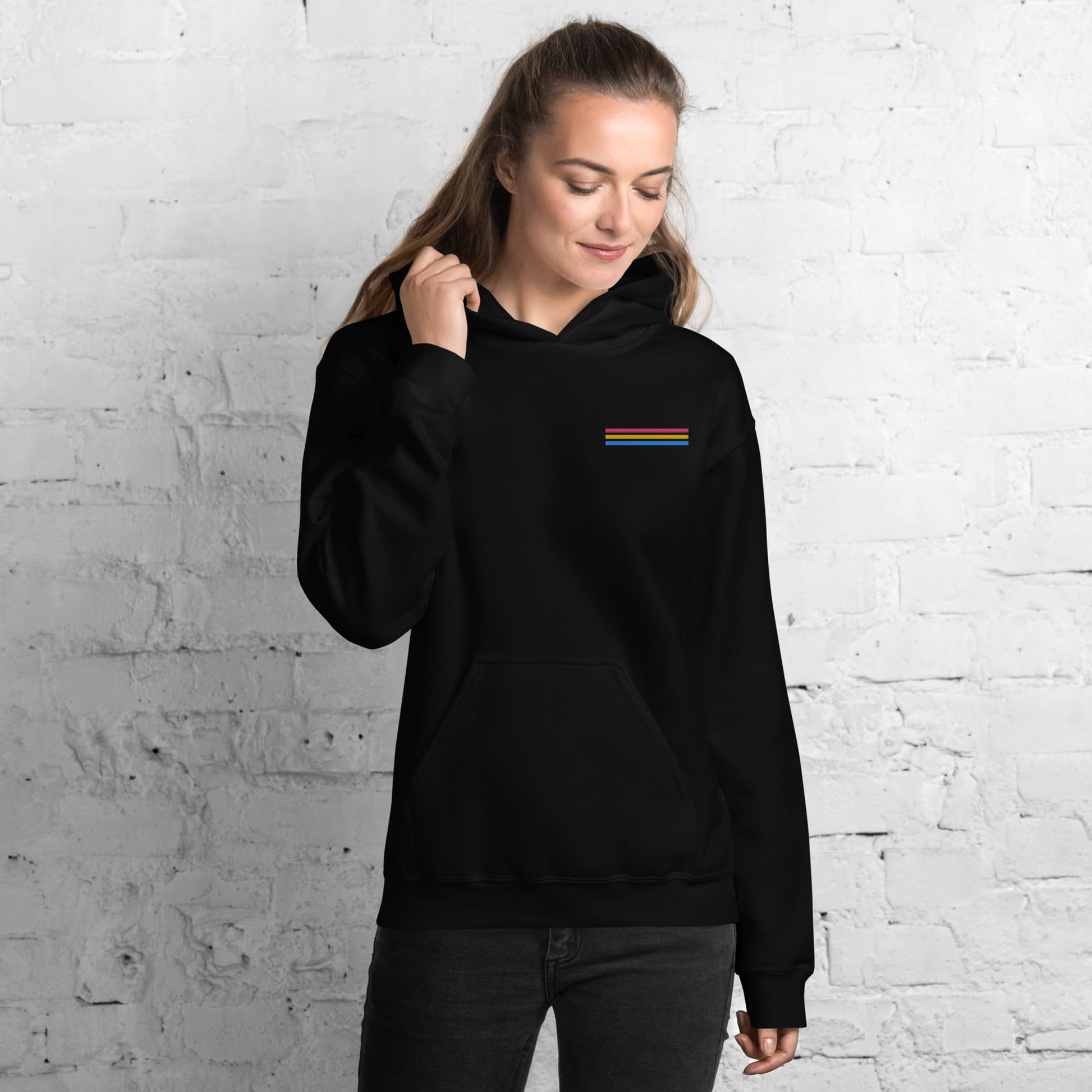 pansexual hoodie, subtle pan pride flag embroidered pocket design hooded sweatshirt, model 1