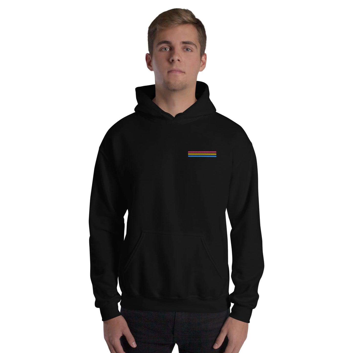 pansexual hoodie, subtle pan pride flag embroidered pocket design hooded sweatshirt, model 2