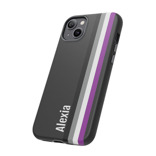 personalized asexual phone case, customize with your name or pronouns, ace pride tough case, tilt