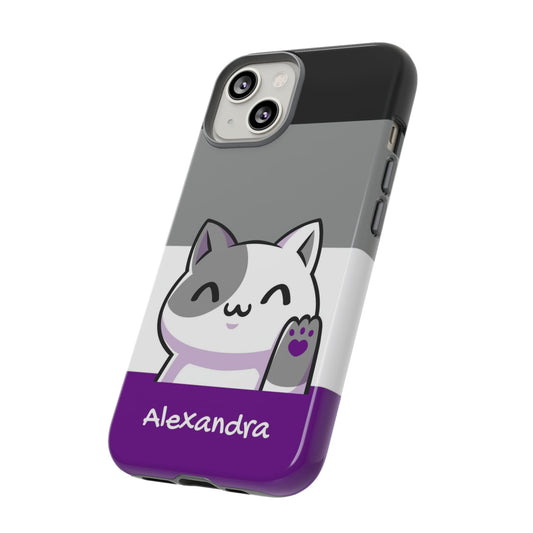 cute asexual phone case, personalize with name or pronouns, kawaii cat tough case, tilt