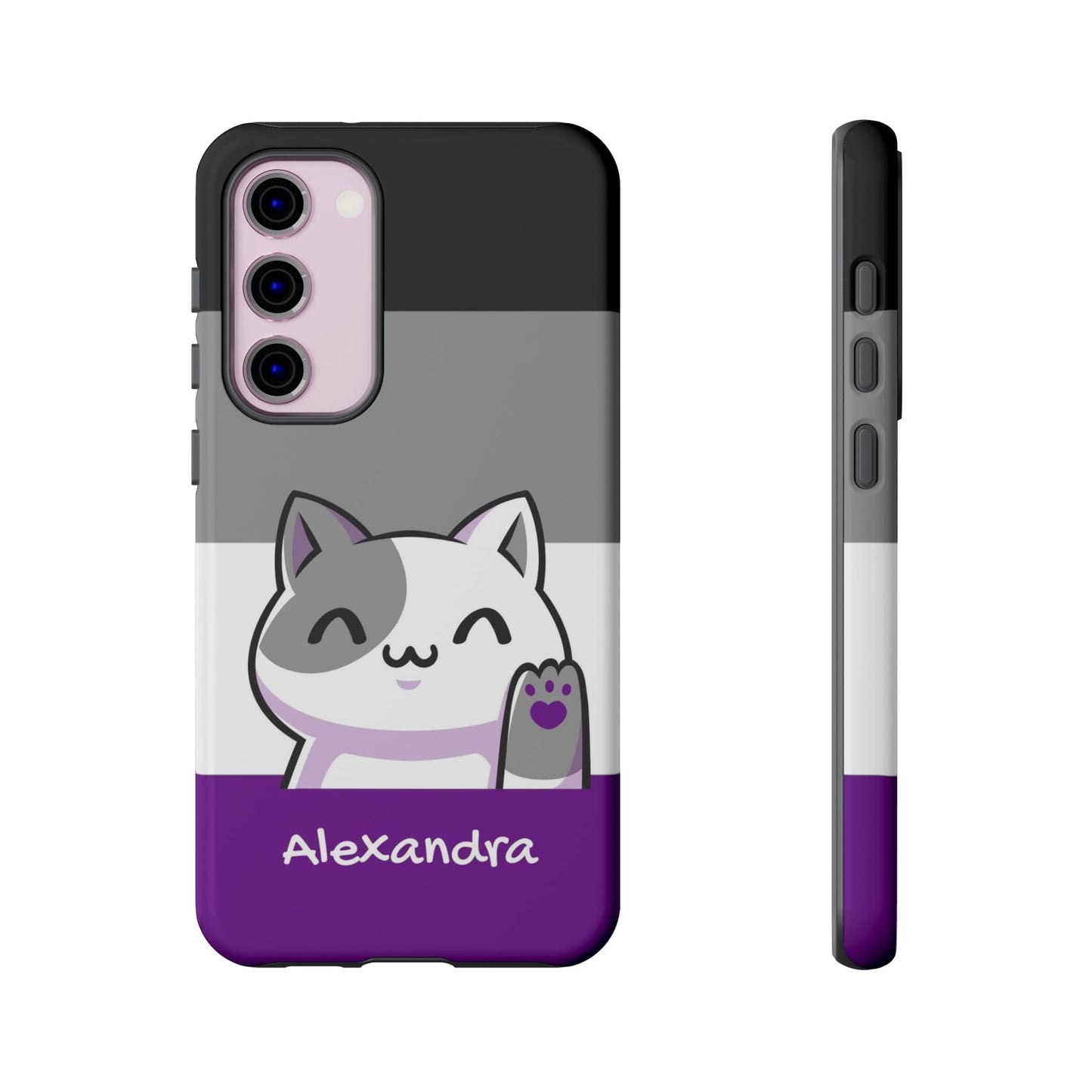 cute asexual phone case, personalize with name or pronouns, kawaii cat tough case, front