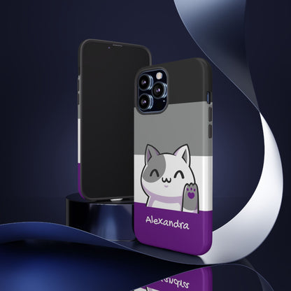 cute asexual phone case, personalize with name or pronouns, kawaii cat tough case, side