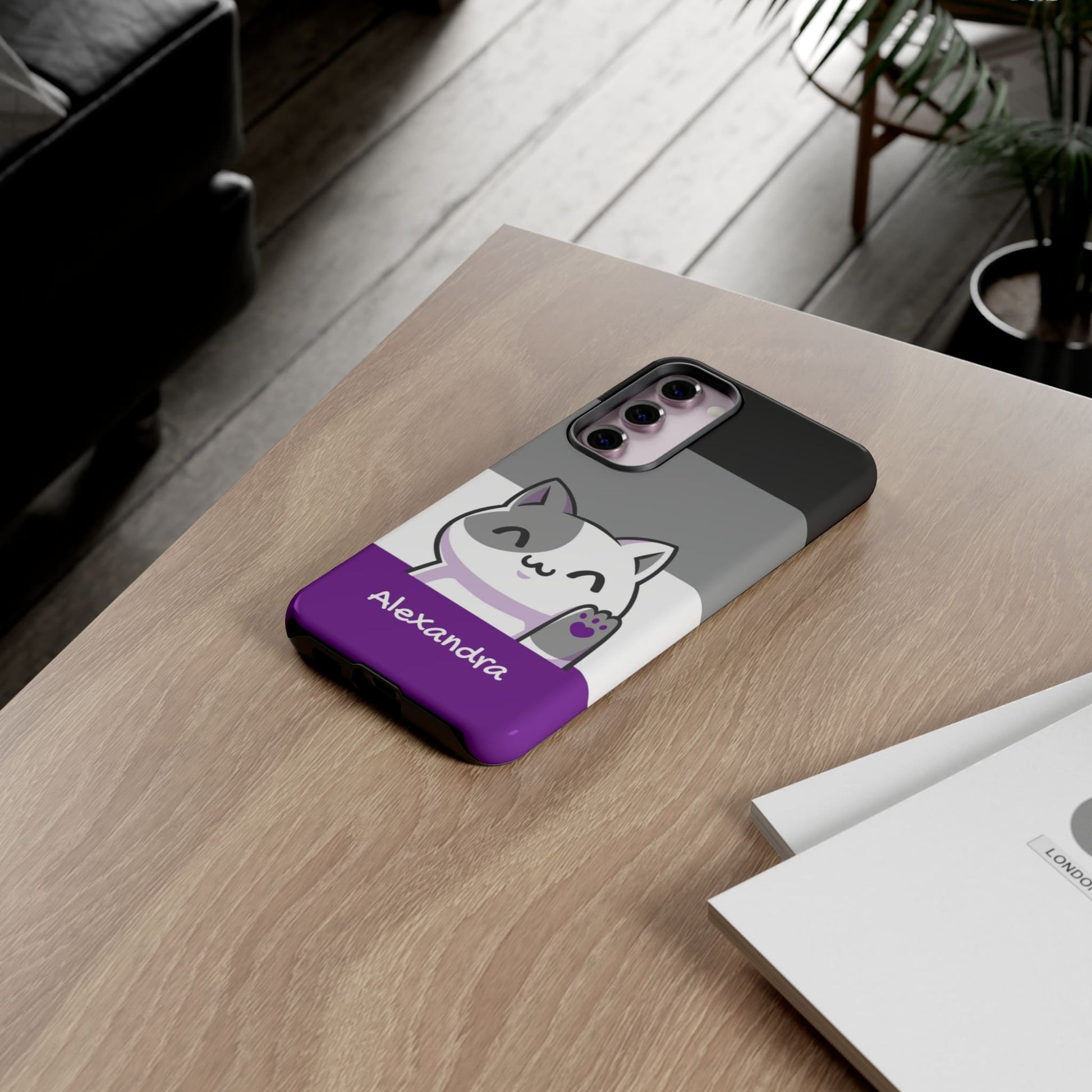 cute asexual phone case, personalize with name or pronouns, kawaii cat tough case, flatlay