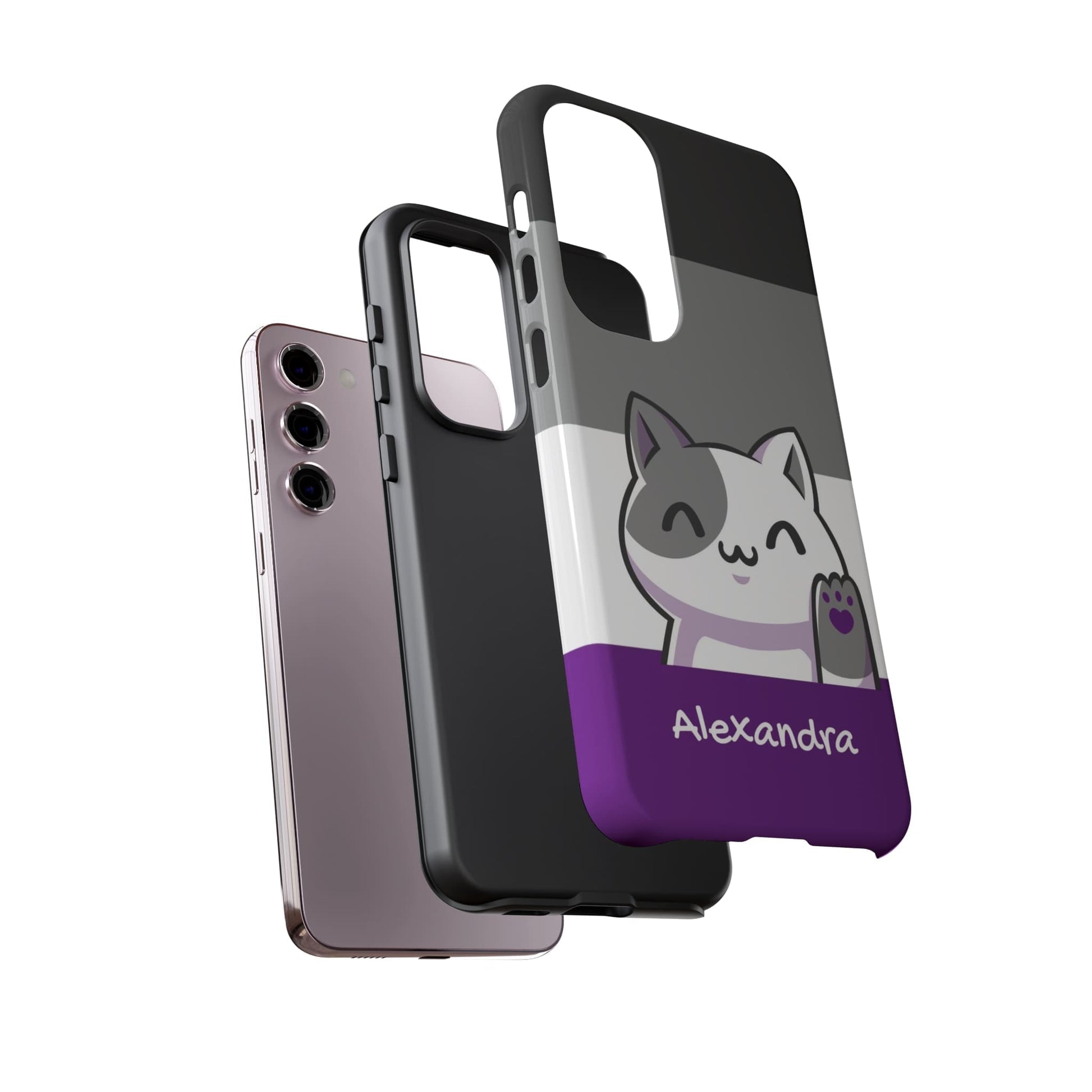 cute asexual phone case, personalize with name or pronouns, kawaii cat tough case, layers