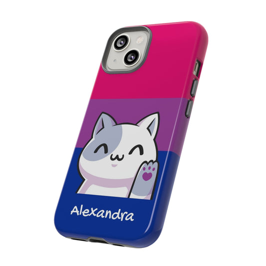 cute bisexual phone case, personalize with name or pronouns, kawaii cat tough case, tilt