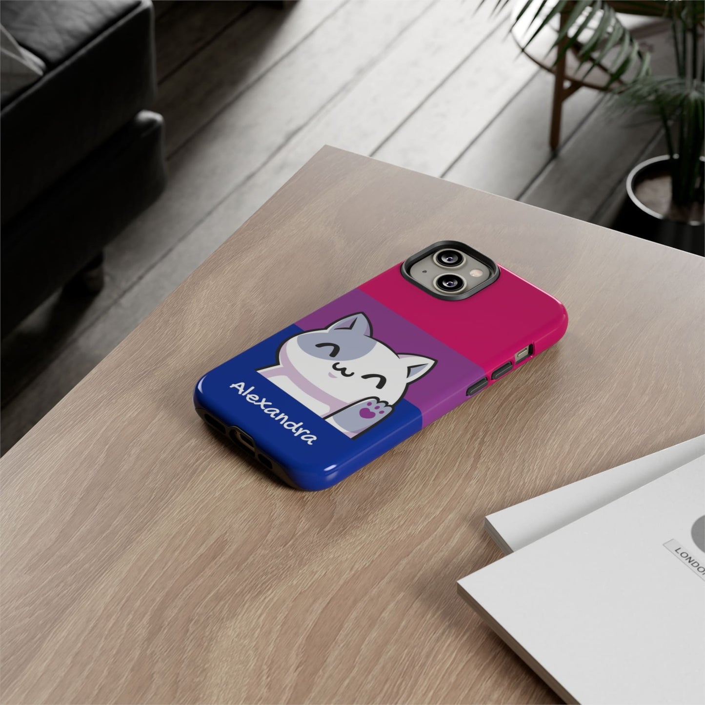personalised bisexual phone case kawaii cat, on table
