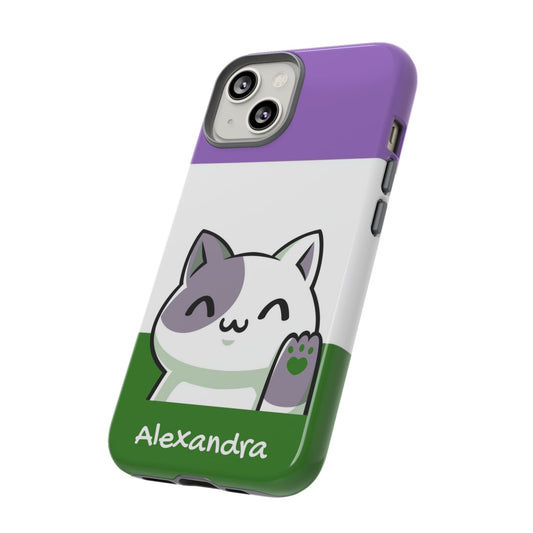 cute genderqueer phone case, personalize with name or pronouns, kawaii cat tough case, tilt