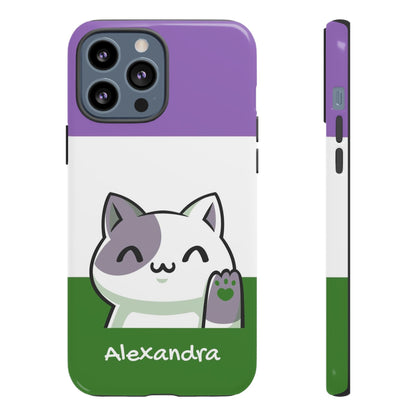 cute genderqueer phone case, personalize with name or pronouns, kawaii cat tough case, front