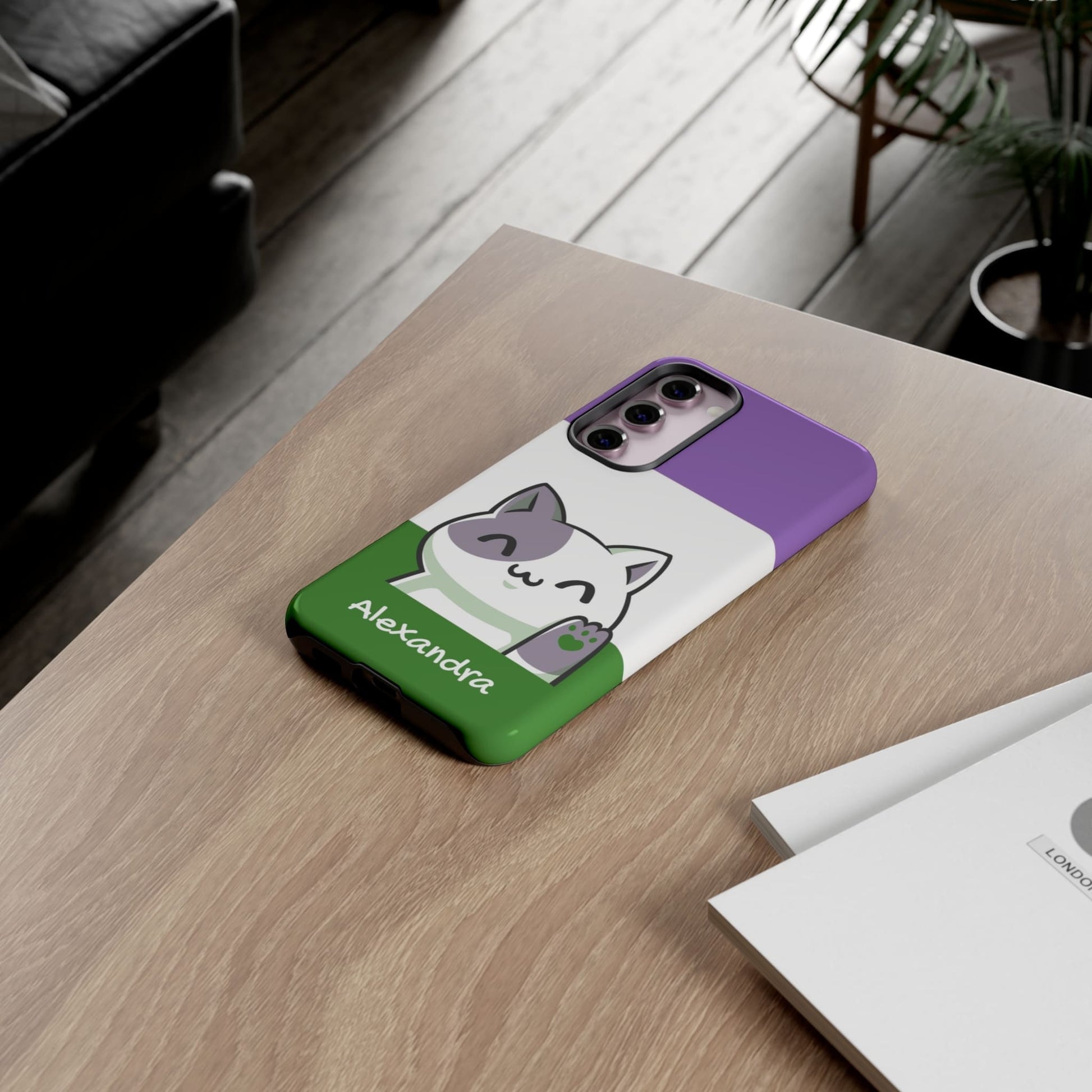 cute genderqueer phone case, personalize with name or pronouns, kawaii cat tough case, flatlay