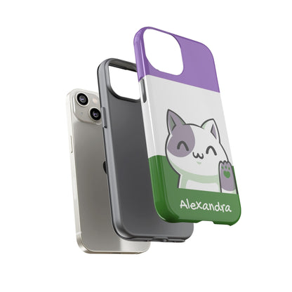 cute genderqueer phone case, personalize with name or pronouns, kawaii cat tough case, layers