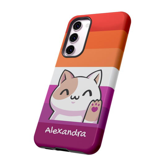 cute lesbian phone case, personalize with name or pronouns, kawaii cat tough case, tilt