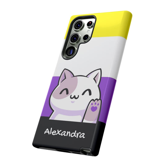 cute nonbinary phone case, personalize with name or pronouns, kawaii cat tough case, tilt