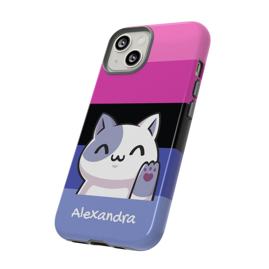 cute omnisexual phone case, personalize with name or pronouns, kawaii cat tough case, tilt