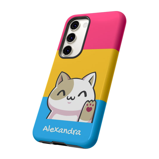 cute pansexual phone case, personalize with name or pronouns, kawaii cat tough case, tilt