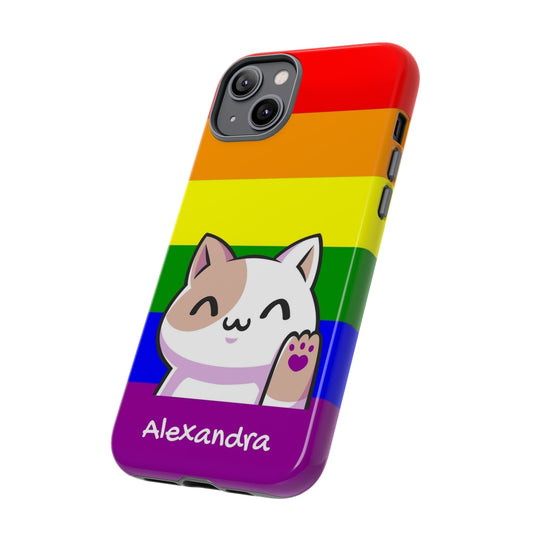 cute LGBT pride phone case, personalize with name or pronouns, LGBTQ rainbow kawaii cat tough case, tilt