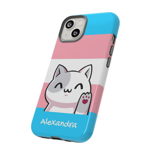 cute transgender phone case, personalize with name or pronouns, kawaii cat tough case, tilt