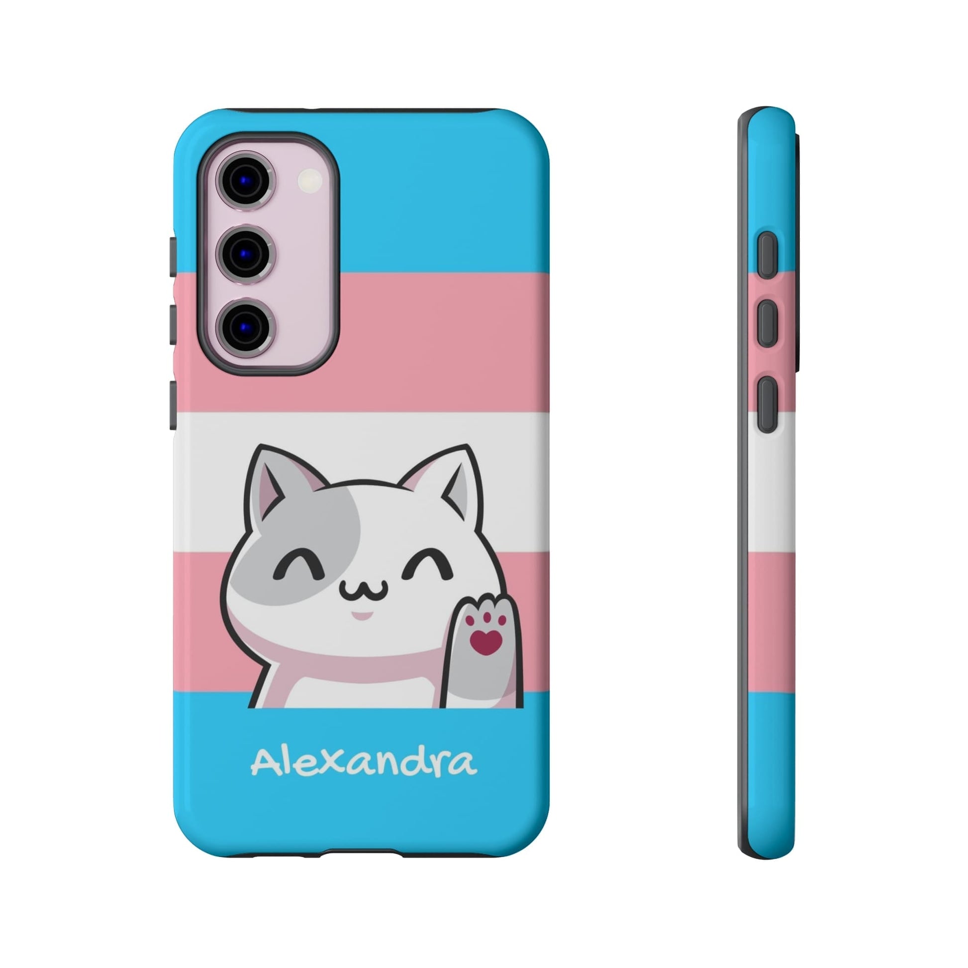 cute transgender phone case, personalize with name or pronouns, kawaii cat tough case, front