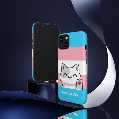 cute transgender phone case, personalize with name or pronouns, kawaii cat tough case, side