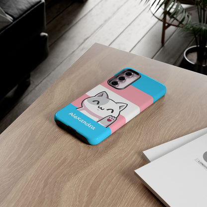 cute transgender phone case, personalize with name or pronouns, kawaii cat tough case, flatlay