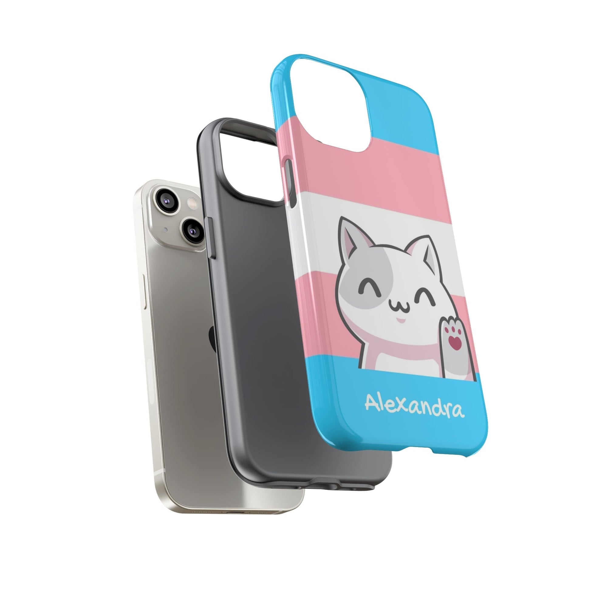 cute transgender phone case, personalize with name or pronouns, kawaii cat tough case, layers