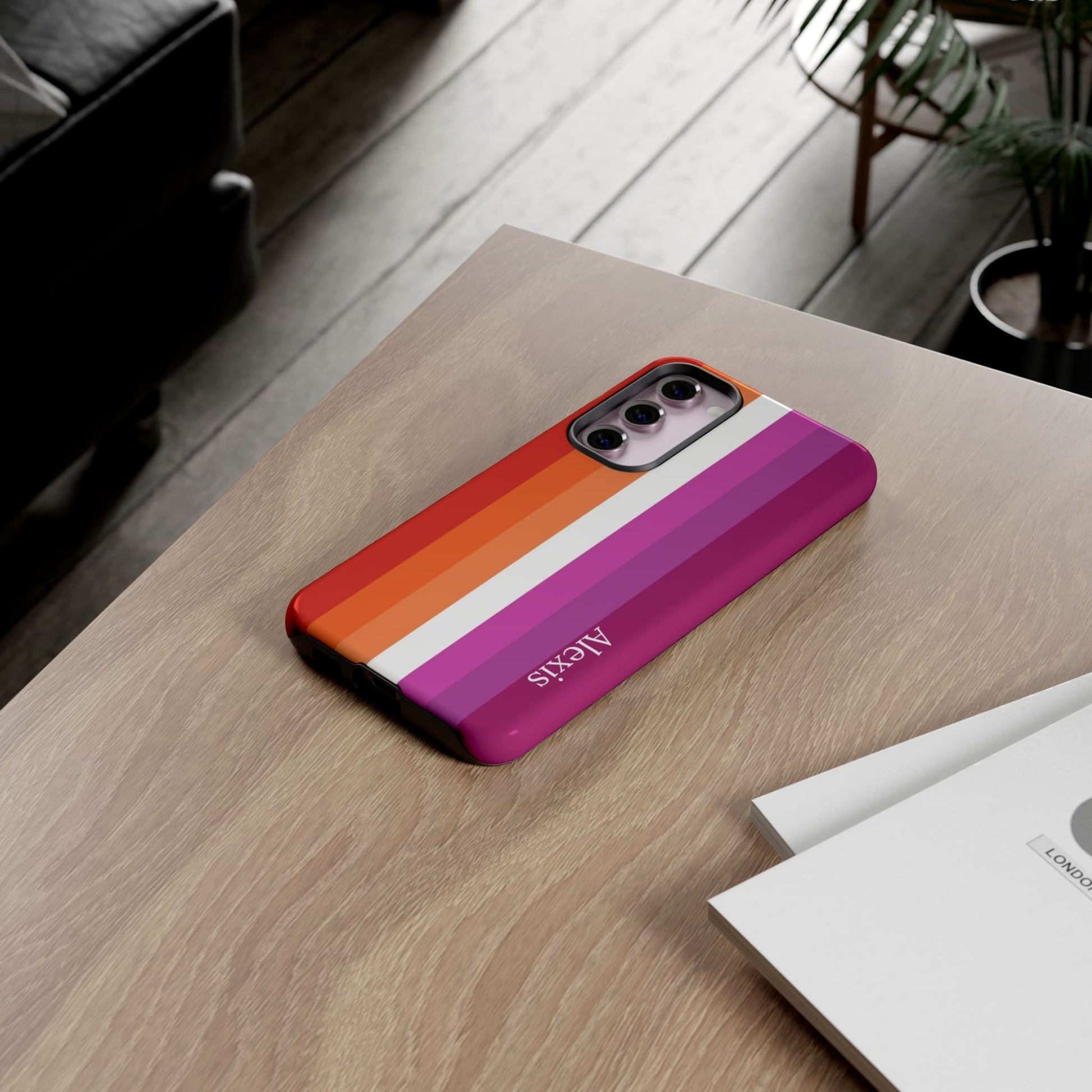 lesbian sunset flag phone case,on table