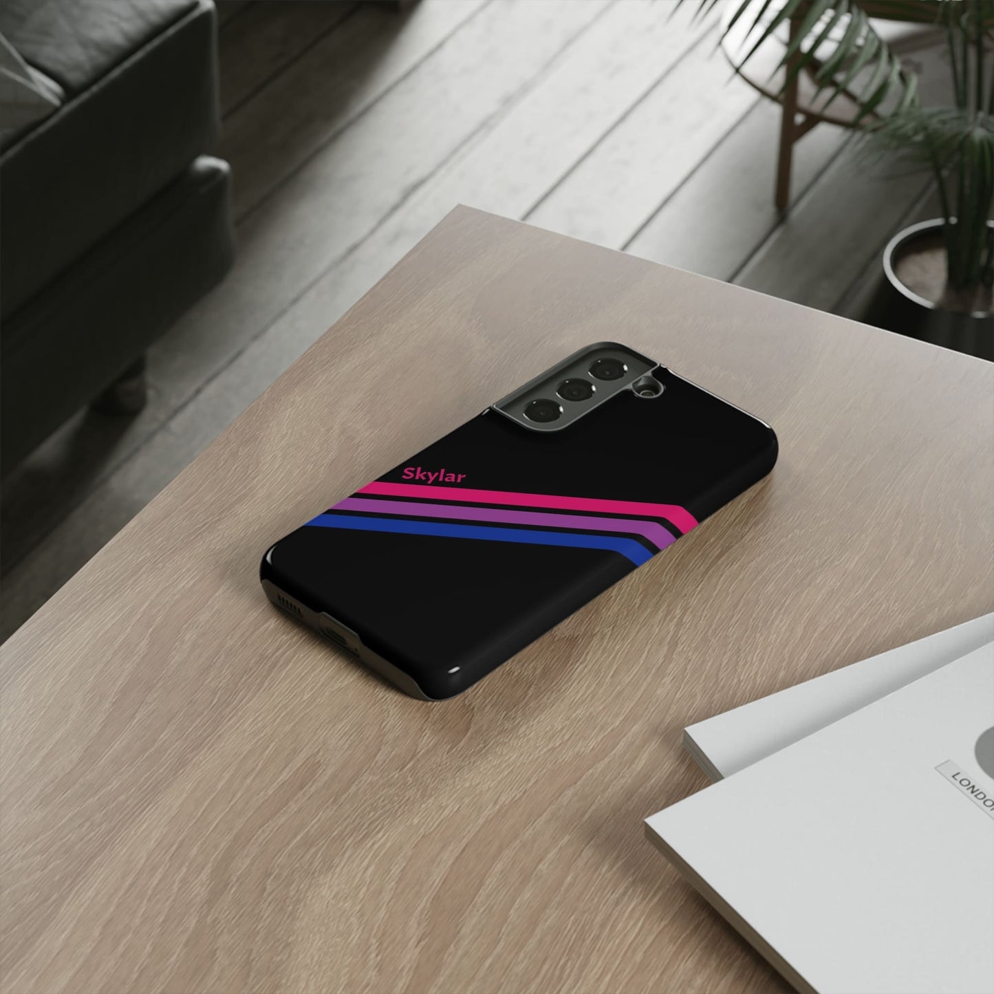 personalised bisexual phone case, on table