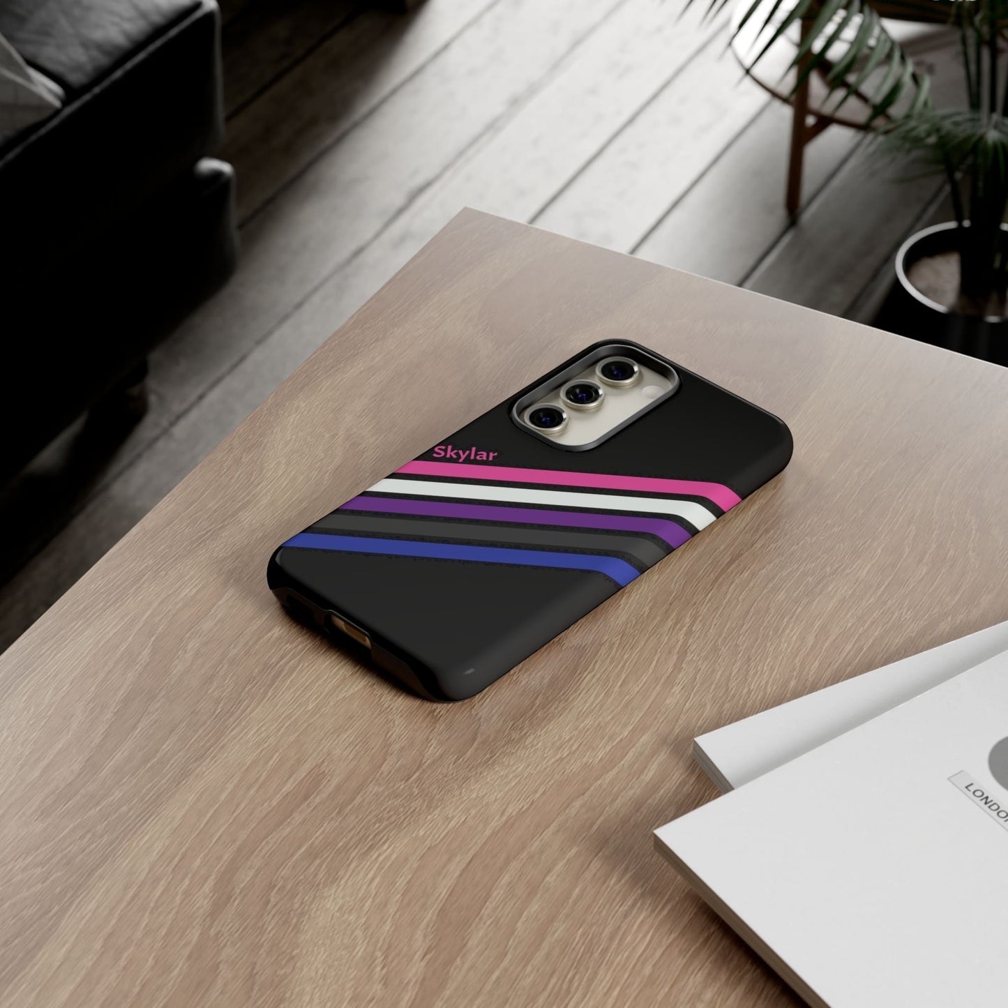 personalised genderfluid phone case, on table