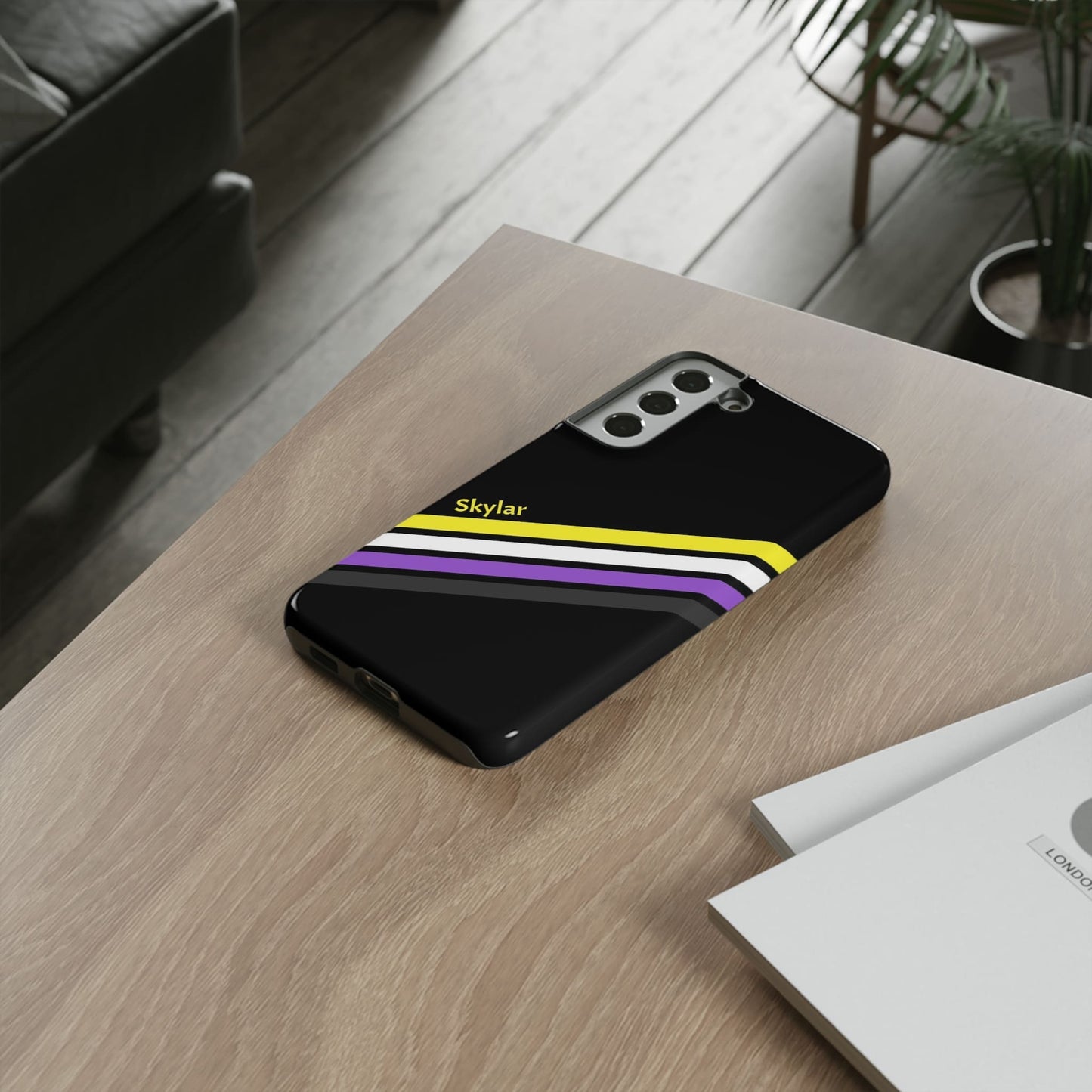 personalized nonbinary phone case, on table