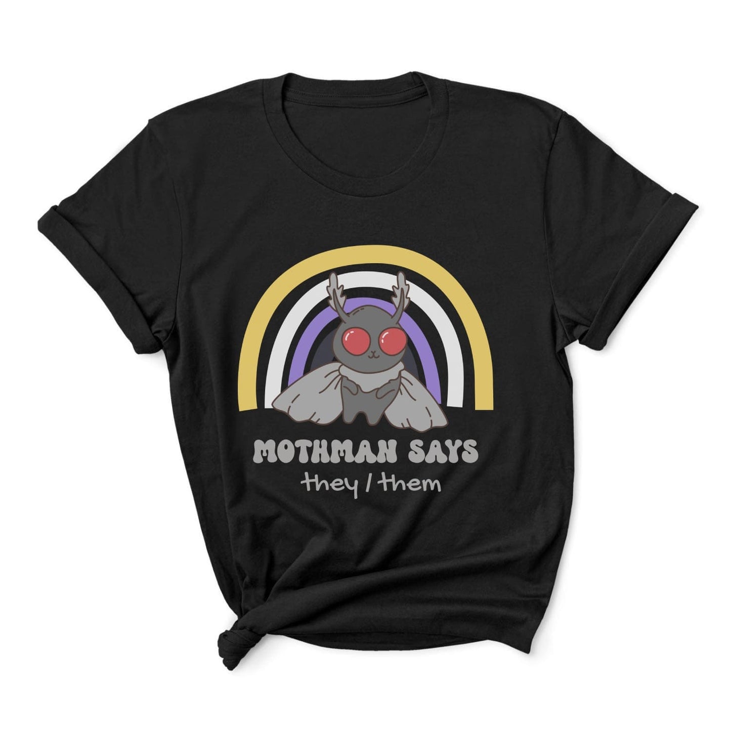 Black t-shirt with Mothman graphic and rainbow, featuring text 'Mothman says they/them' on a white background: Personalized Nonbinary Mothman Shirt, Custom Pronouns Enby Pride Cryptid Tee, Folklore Mythology They Them T-Shirt, Queer Cryptozoology Gift