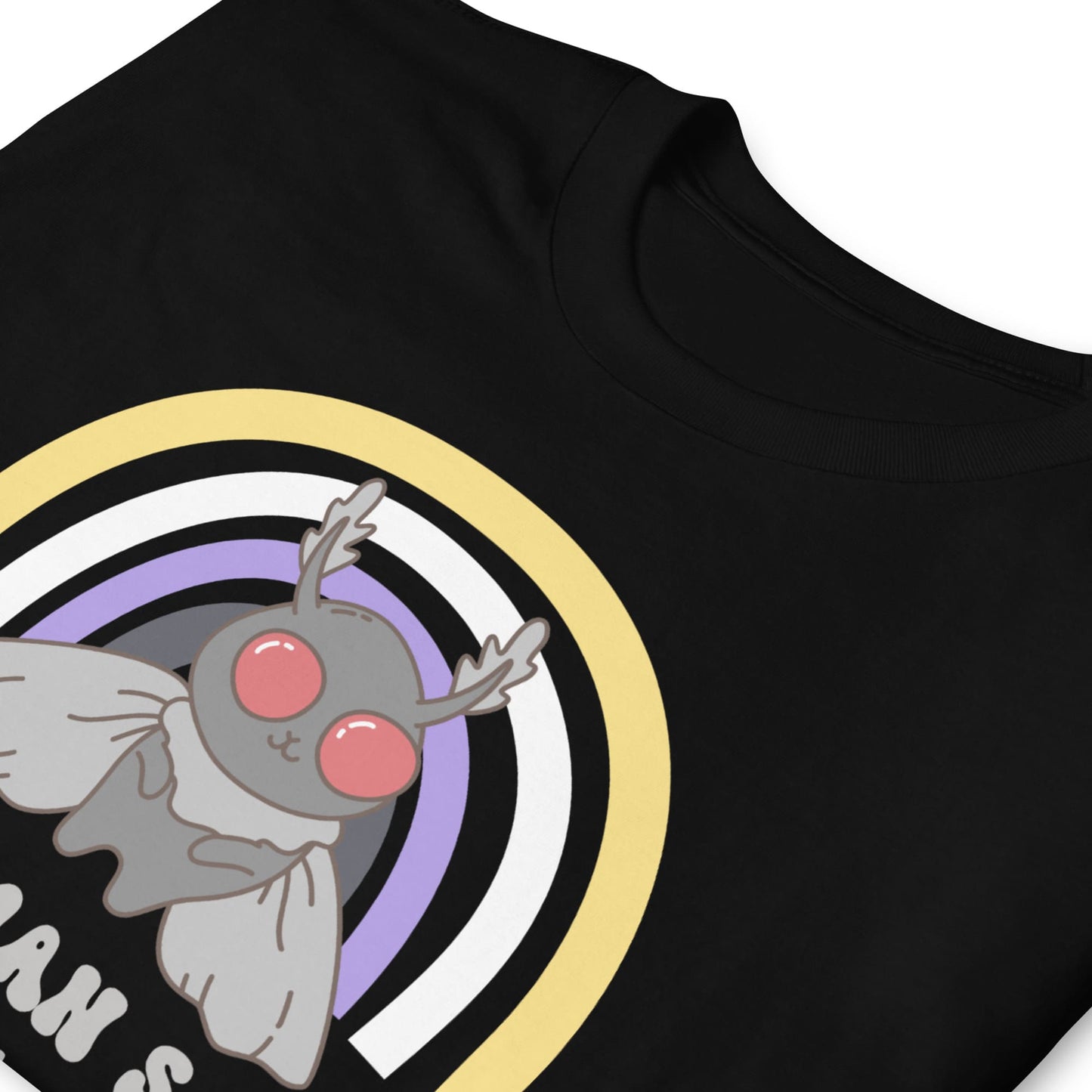 Black t-shirt with a cartoon character and colorful circle design on a white background: Personalized Nonbinary Mothman Shirt, Custom Pronouns Enby Pride Cryptid Tee, Folklore Mythology They Them T-Shirt, Queer Cryptozoology Gift