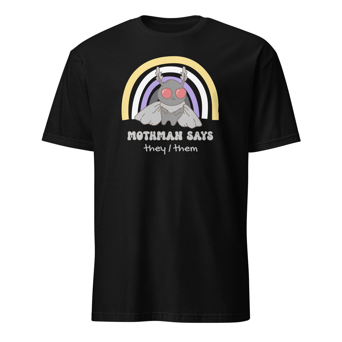 Black t-shirt with Mothman graphic and text on a white background: Personalized Nonbinary Mothman Shirt, Custom Pronouns Enby Pride Cryptid Tee, Folklore Mythology They Them T-Shirt, Queer Cryptozoology Gift