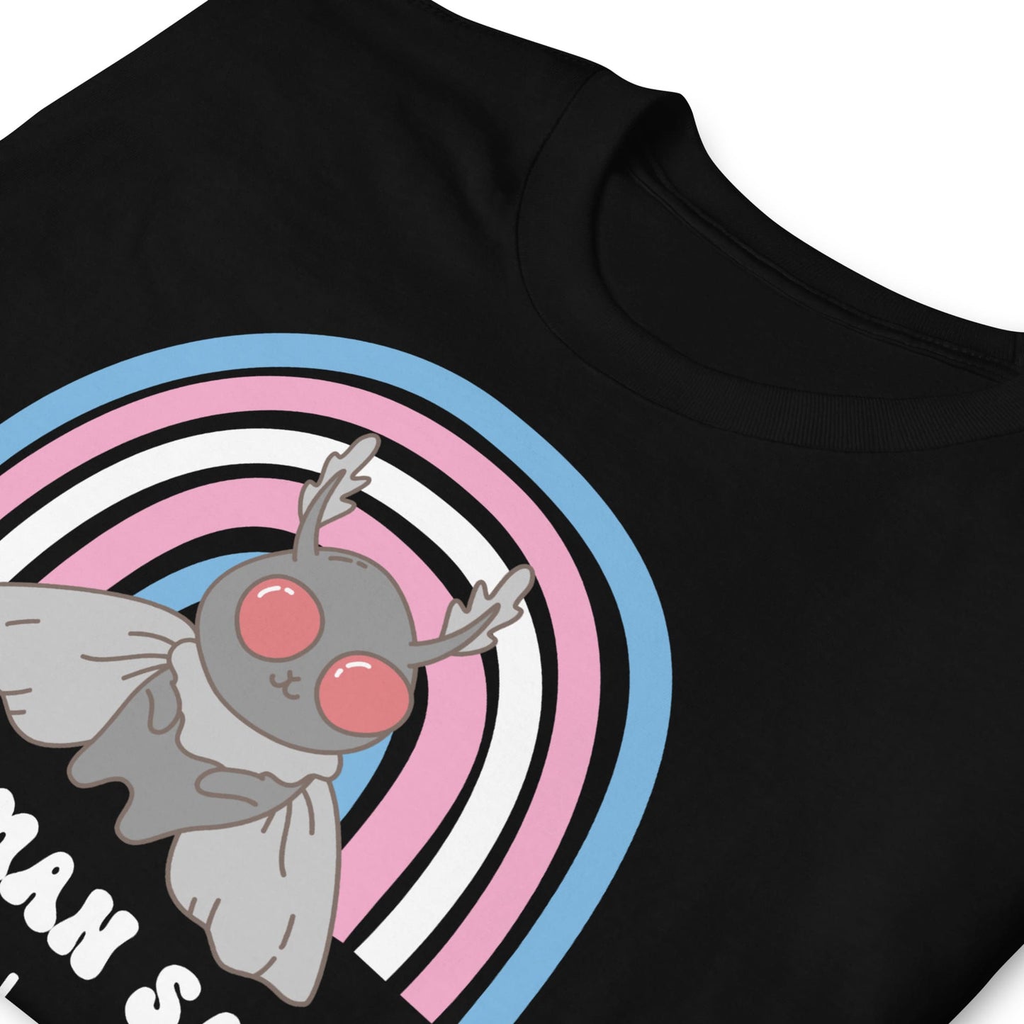 Black t-shirt with a cartoon character and colorful circle design on a white background: Personalized Trans Mothman Shirt, Custom Pronouns Transgender Pride Cryptid Tee, Folklore Mythology TShirt, Queer Cryptozoology FTM FTM Gift