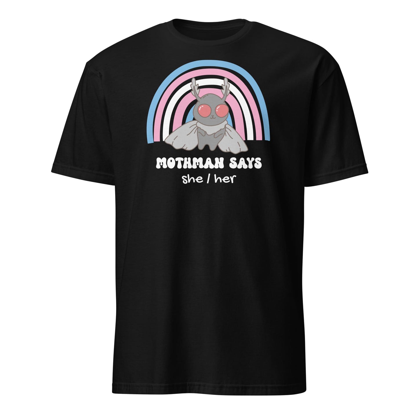 Black t-shirt with Mothman graphic and 'Mothman says she/her' text on a white background: Personalized Trans Mothman Shirt, Custom Pronouns Transgender Pride Cryptid Tee, Folklore Mythology TShirt, Queer Cryptozoology FTM FTM Gift