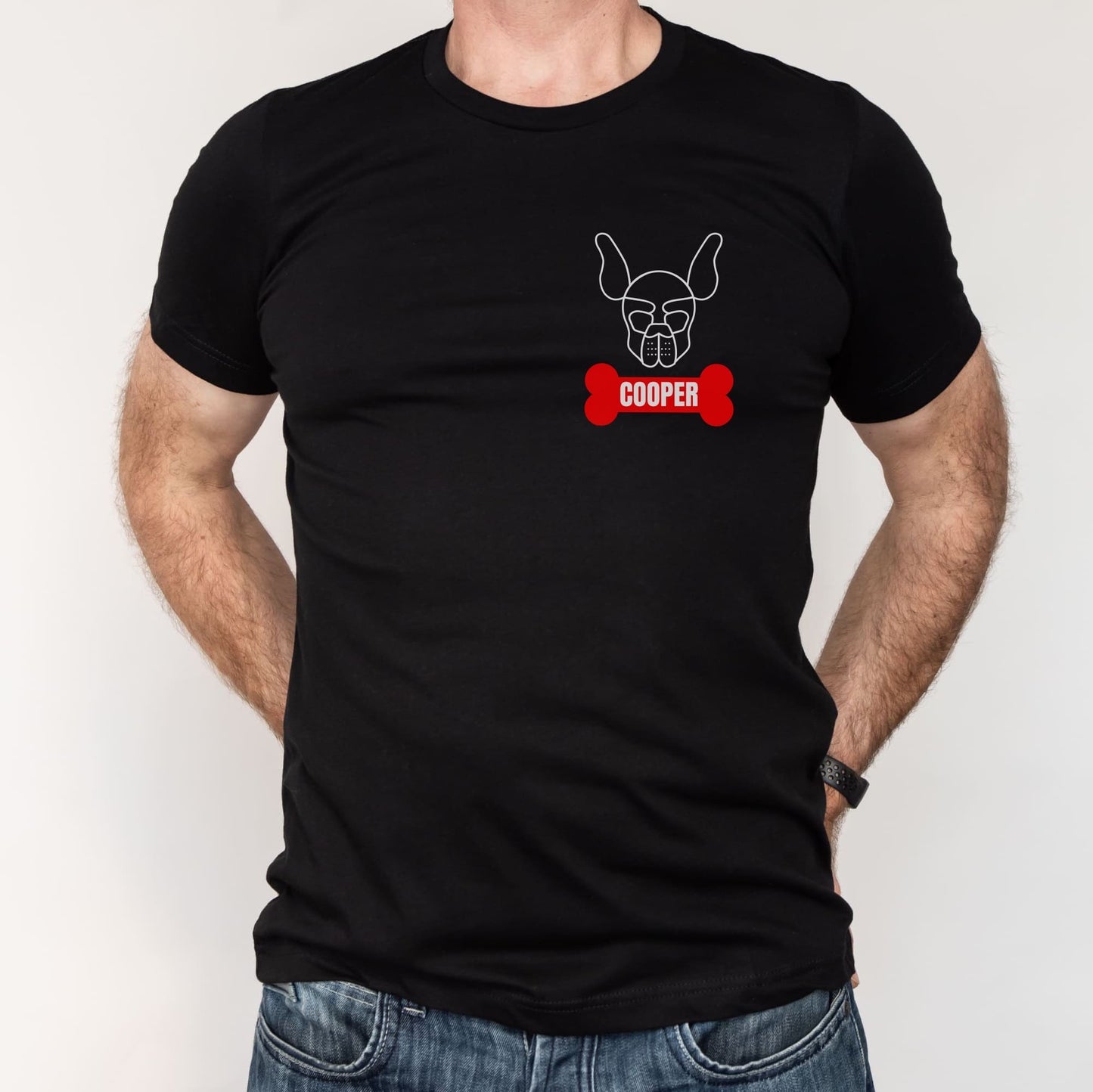 Black t-shirt with a dog-themed graphic and 'COOPER' text on a white background: Personalized Puppy Play Shirt, Custom Name Pet Pride Tee, Human Puppy T-Shirt, Petplay Merch, Gift For Pup & Handler, Puppy Hood Design