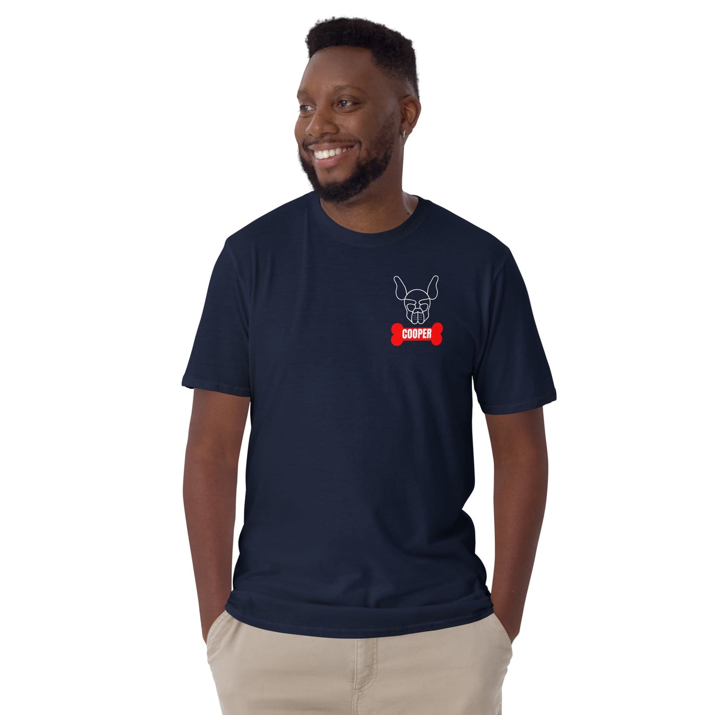 Man wearing a navy blue t-shirt with a logo on a white background: Personalized Puppy Play Shirt, Custom Name Pet Pride Tee, Human Puppy T-Shirt, Petplay Merch, Gift For Pup & Handler, Puppy Hood Design