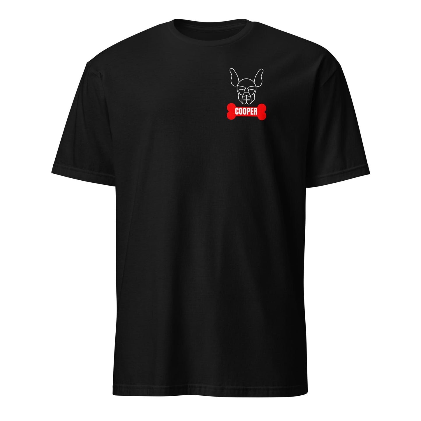 Black t-shirt with a dog-themed graphic and 'Cooper' text on a white background: Personalized Puppy Play Shirt, Custom Name Pet Pride Tee, Human Puppy T-Shirt, Petplay Merch, Gift For Pup & Handler, Puppy Hood Design