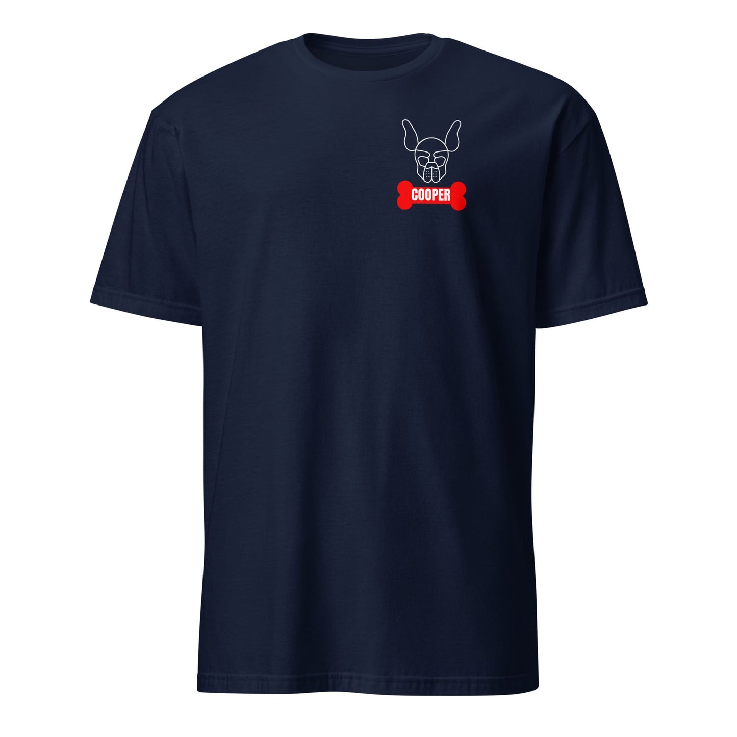 Navy blue t-shirt with a graphic design on the chest against a white background: Personalized Puppy Play Shirt, Custom Name Pet Pride Tee, Human Puppy T-Shirt, Petplay Merch, Gift For Pup & Handler, Puppy Hood Design