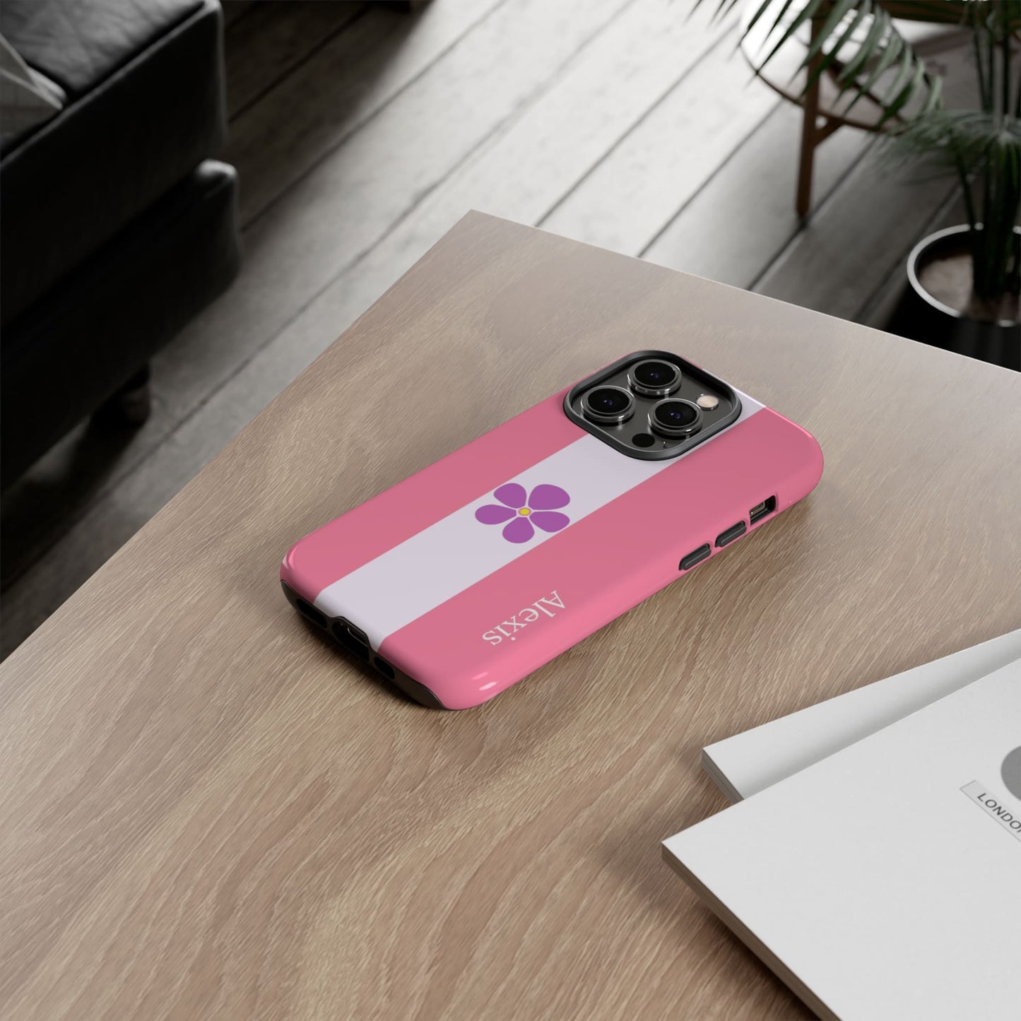 personalised sapphic flag phone case, on table